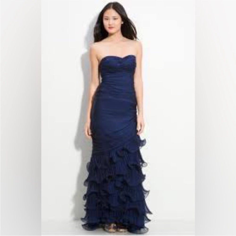 Dalia MacPhee Midnight Blue Strapless Formal Gown